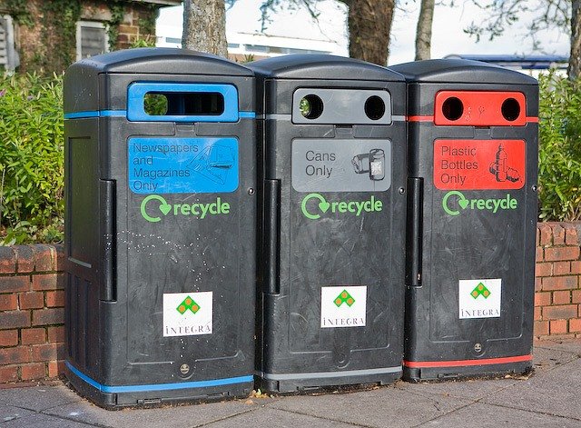 Colour-coded recycling bins outside Somerfield, Lower Northam Road