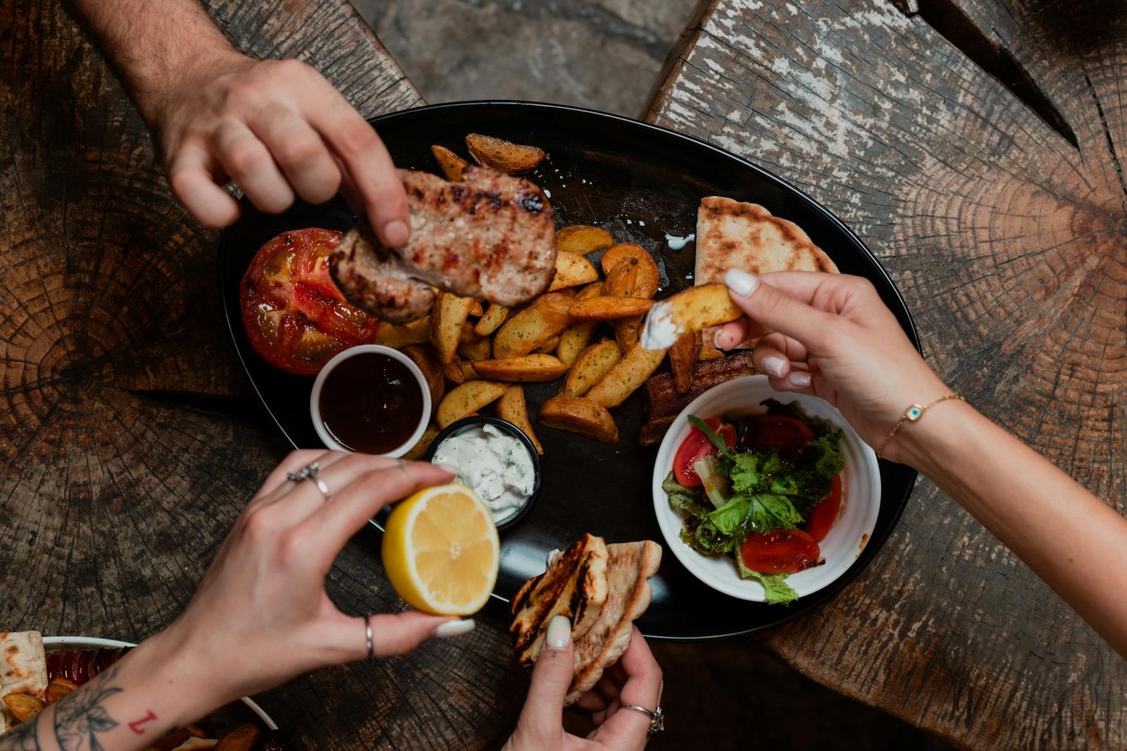 overhead view of shared mediterranean meal