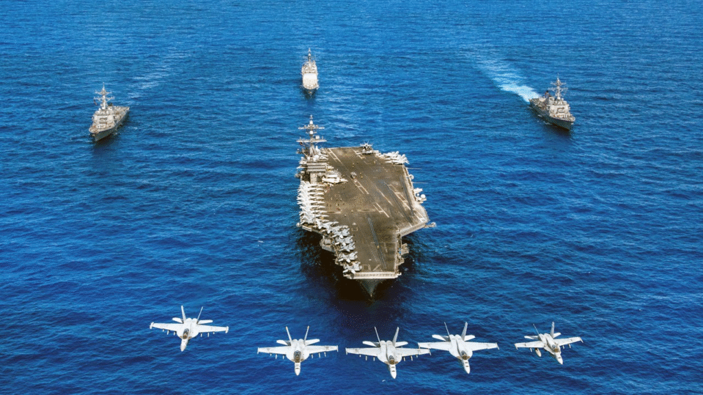 Aircraft carrier with military exercise
