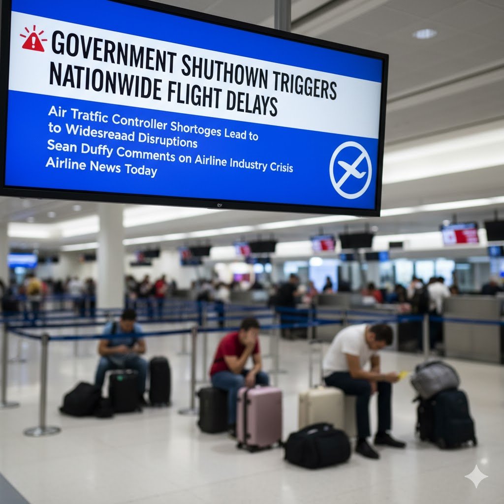 headline government shutdown flight delays, flight delays, government shutdown, flight delays air traffic controllers, sean duffy, airline news today